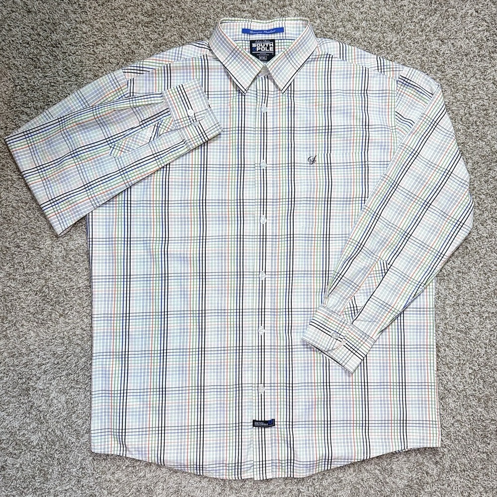 VTG Y2K Southpole Mens XXL Plaid Button Up Shirt Hip Hop Streetwear Embroidered